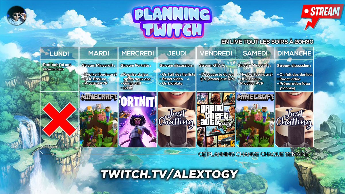 Alextogy's tweet photo. Reprise des lives ce soir les reufs !
Tout les soirs à 20h30 sur https://t.co/aRlhSoEhBA

(Guettez le planning de kalitay) https://t.co/F4AA8mIQt2