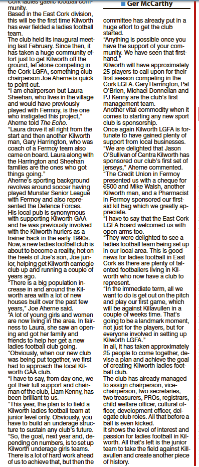 germccarthy74's tweet photo. My recent profile of one of @LadiesFootball  @CorkLGFA newest clubs, @KilworthGaa #LGFA via @echolivecork 

#CorkGAA #CorkGAA2021 #corklgfa #lgfa #ladiesfootball #GAA #AskItBeIt #SeriouSupport https://t.co/lFXp3xHx4P