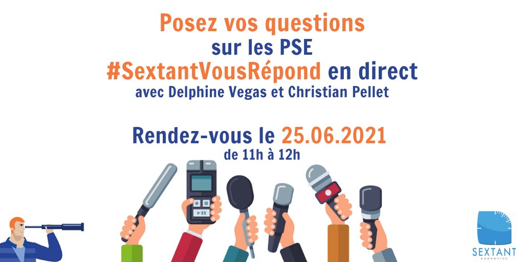 SextantCSE's tweet photo. C'est vendredi ! #SextantVousRépond : pendant 1h, des #experts de @SextantCSE répondent à toutes vos questions en direct sur les #PSE #PlanDeSauvagardeDeLemploi avec @ChPelletSextant
 &amp; @DelphVegas #LicenciementEco #Négociation #CSE - Inscriptions ici : https://t.co/gadzEws51v https://t.co/bQ1u4ybFSq