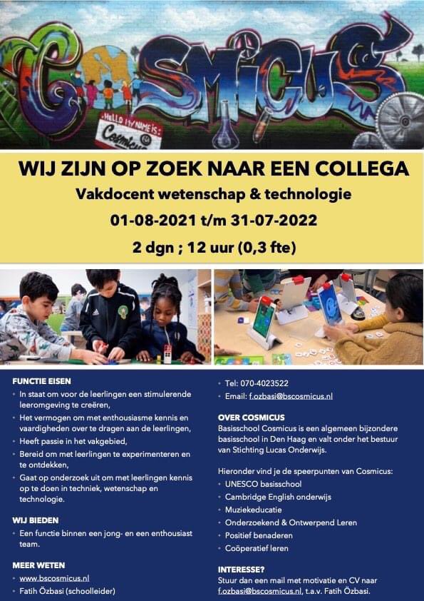 Basisschool Cosmicus is op zoek naar een vakdocent wetenschap en technologie. Wordt jij onze nieuwe techniek goeroe?