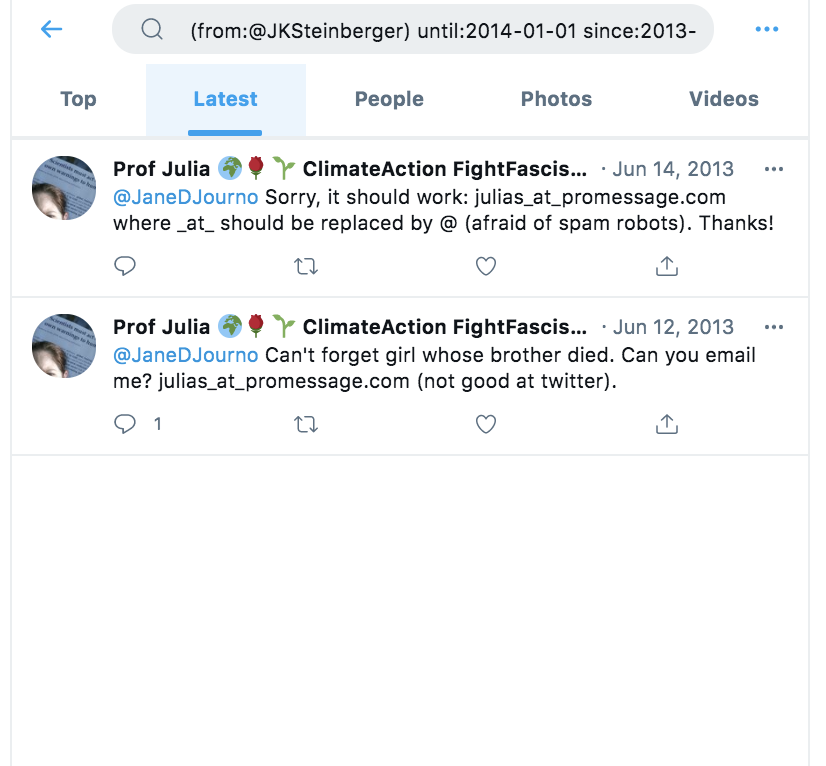 Julia is ecosocialist: "merging aspects of Marxism, socialism, environmentalism and ecology.Eco-socialists generally believe that the capitalist system is the cause of social exclusion."She starts at 2010 twitter, 8 tweets that year, and then a pause for 5 years: