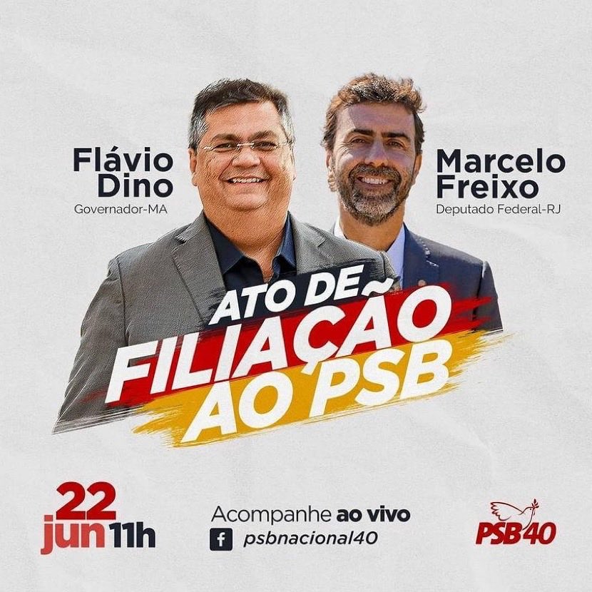 Flávio Dino 🇧🇷 on Twitter: "Hoje, às 11h, irei me filiar ao  ⁦@PSBNacional40⁩, em conjunto com o amigo ⁦@MarceloFreixo⁩. Convido a que  acompanhem pelas redes sociais >>… https://t.co/Xrv2Qs6Myd"