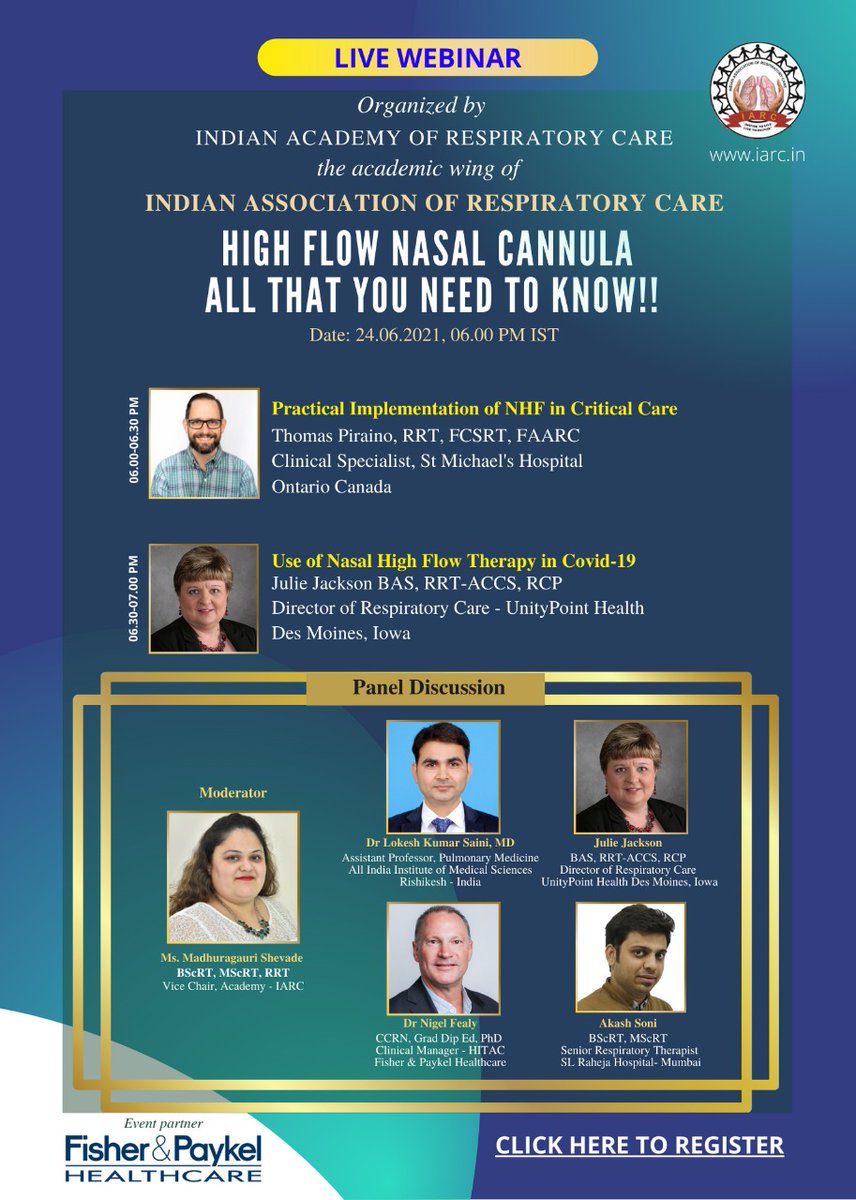 IARCToday's tweet photo. Upcoming Live Webinar 
"High Flow Nasal Cannula, All that you need to know!!"
Date: 24th June 2021 at 06.00 PM (IST)
Register Now: https://t.co/IUzLi885jd
@OptiflowUS 
@CSRT_tweets 
@IRCCouncil 
#fisherandpaykel https://t.co/YVSHJ9HG5C