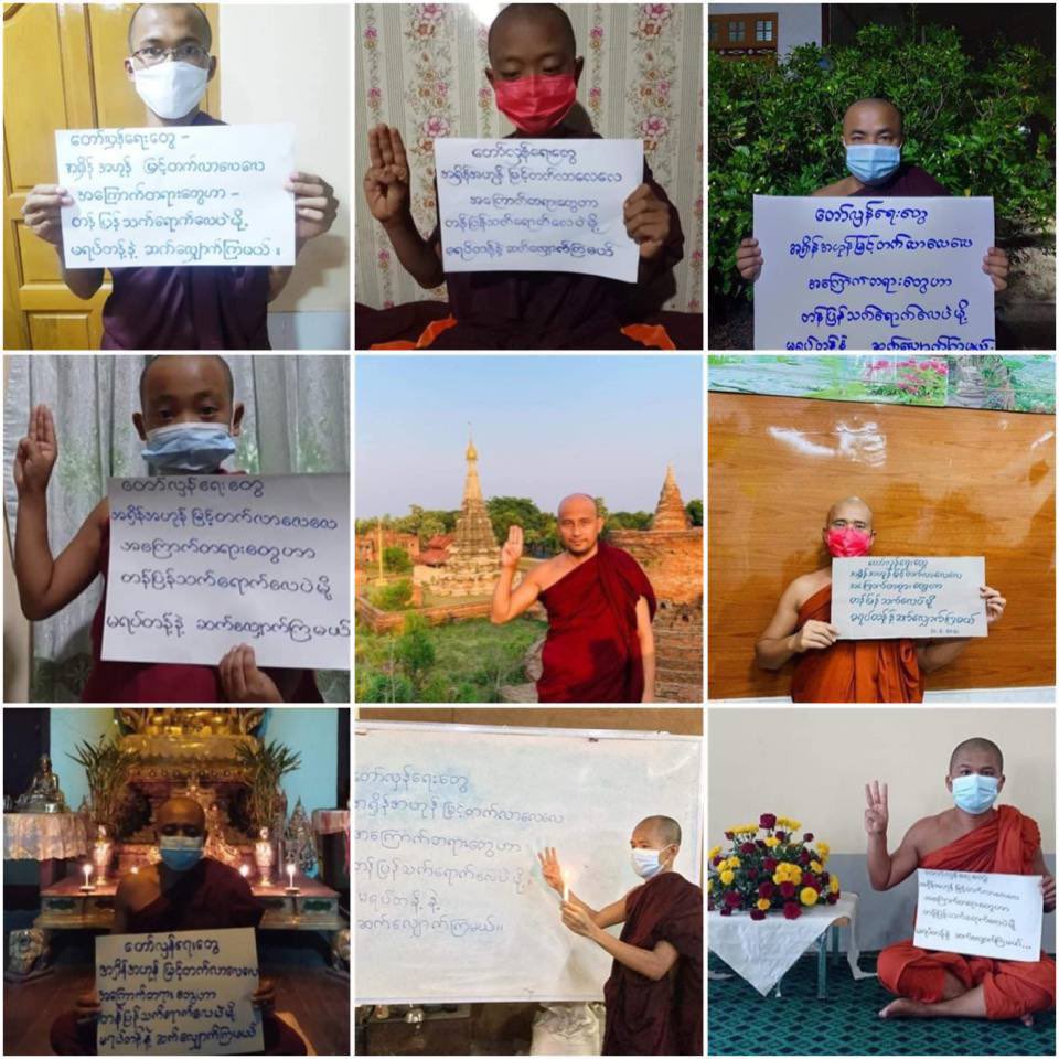 Buddhist monks from Mandalay peacefully demonstrating the demanding of the revolution rejecting the fascist military.  #WhatsHappeningInMyanmar  #UnfetteredAccessForAids  #June22Coup