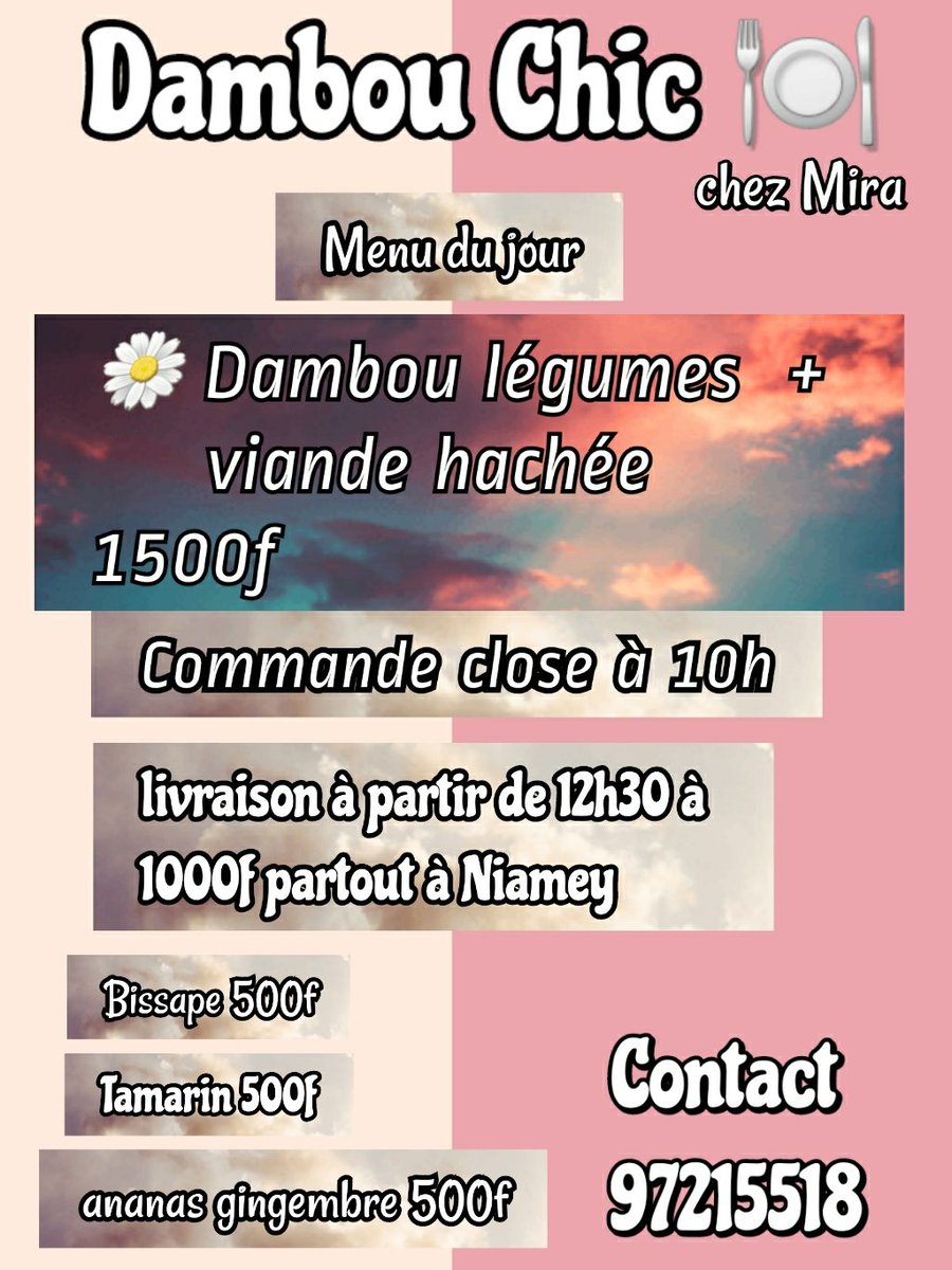 SamiraS16986284's tweet photo. Menu du jour
🍇commande avant 11h 
🍇 livraison à partir de midi in sha Allah à 1000f 
🍇 jus naturel disponible 
🍇 contact 97215518 https://t.co/QdQkTetD8s
