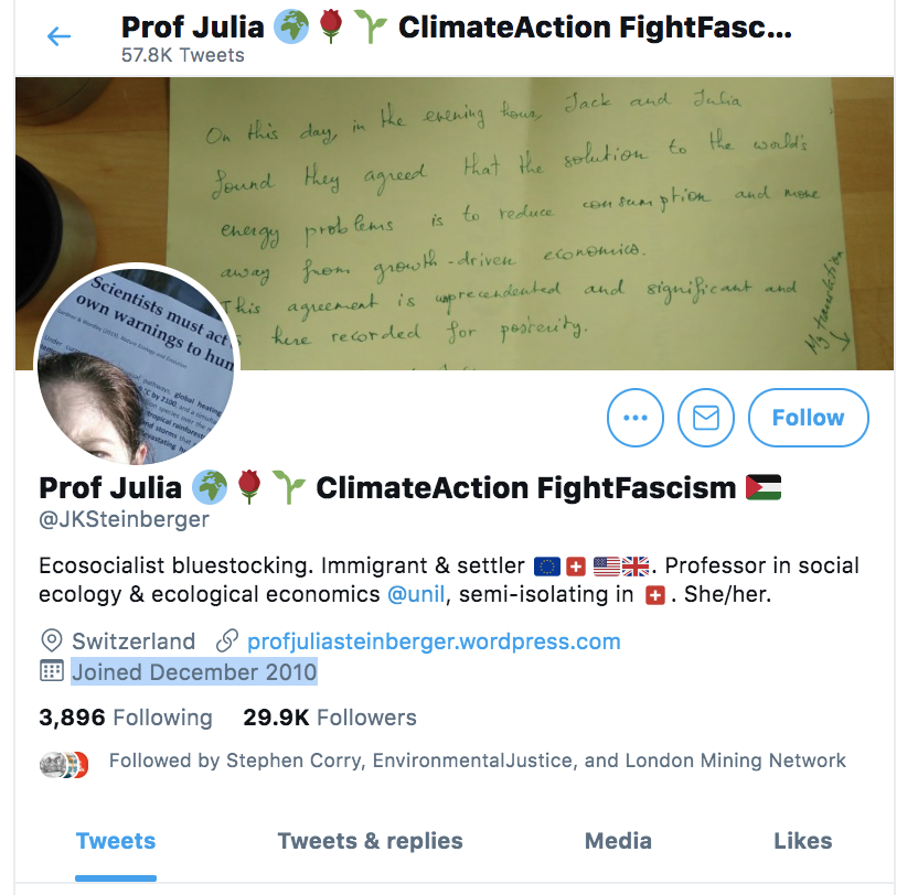 Thread about real people:Story about BillionairesForFuture scienceMeet Prof JuliaFollows same key persons as Greta, Mommy Janine in very first follows.6 years after her twitter account created: these are 1st follows. She was silent, but awakened!Lots of science Thread: