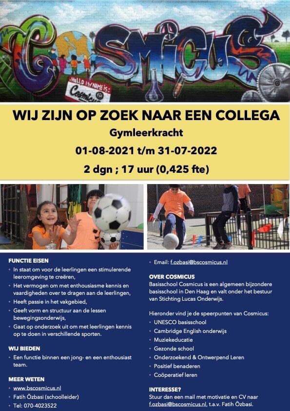 Basisschool Cosmicus is op zoek naar een enthousiaste gymleerkracht. Ben jij onze nieuwe sportieve collega?