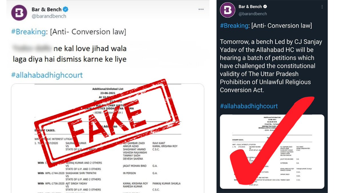 A fake screenshot of a tweet attributed to Bar and Bench is circulating on WhatsApp and other social media about a hearing slated before the Allahabad High Court tomorrow.

The fake and original are given below. Please don't fall for fake news.