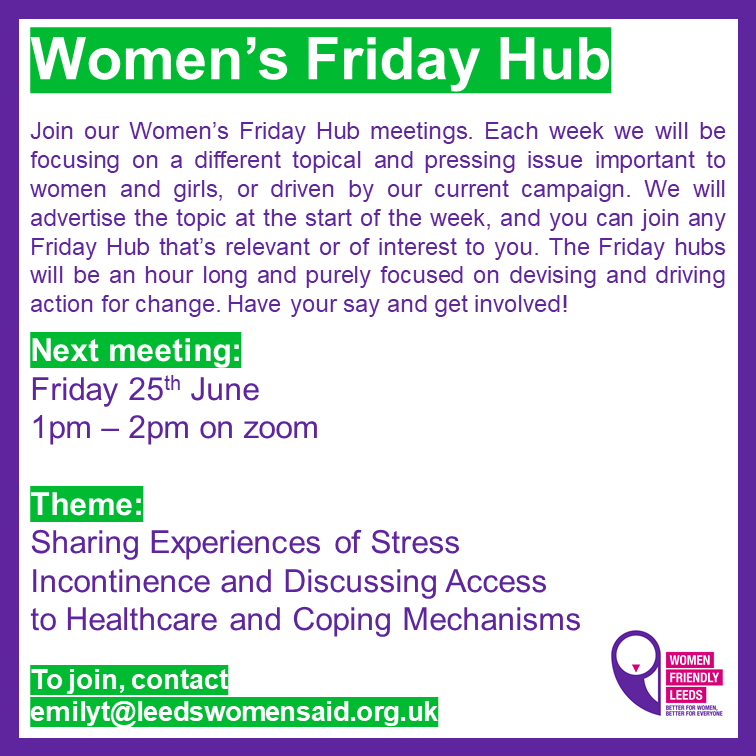 womenfriendlyls's tweet photo. This week's Friday Hub will create a space to share experiences of stress incontinence & discuss access to healthcare & coping mechanisms as part of our drive to #ShineALight on healthcare for women & girls in Leeds.
To join email emilyt@womenslivesleeds.org.uk #ThisIsOurNormal https://t.co/0Y5OBoTypk