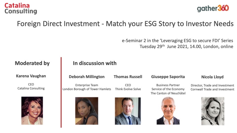 Join us on 29 June, 14.00 London at an e-seminar on ‘#Foreigndirectinvestment - Match Your #ESG Story to Investor Needs’. 
Register now
lnkd.in/dVd2ksm
<a href="/TESolve/">Think Evolve Solve</a>  #sustainability #climatechange #environment  #circulareconomy #jobs #socialimpact #innovation #data #FDI