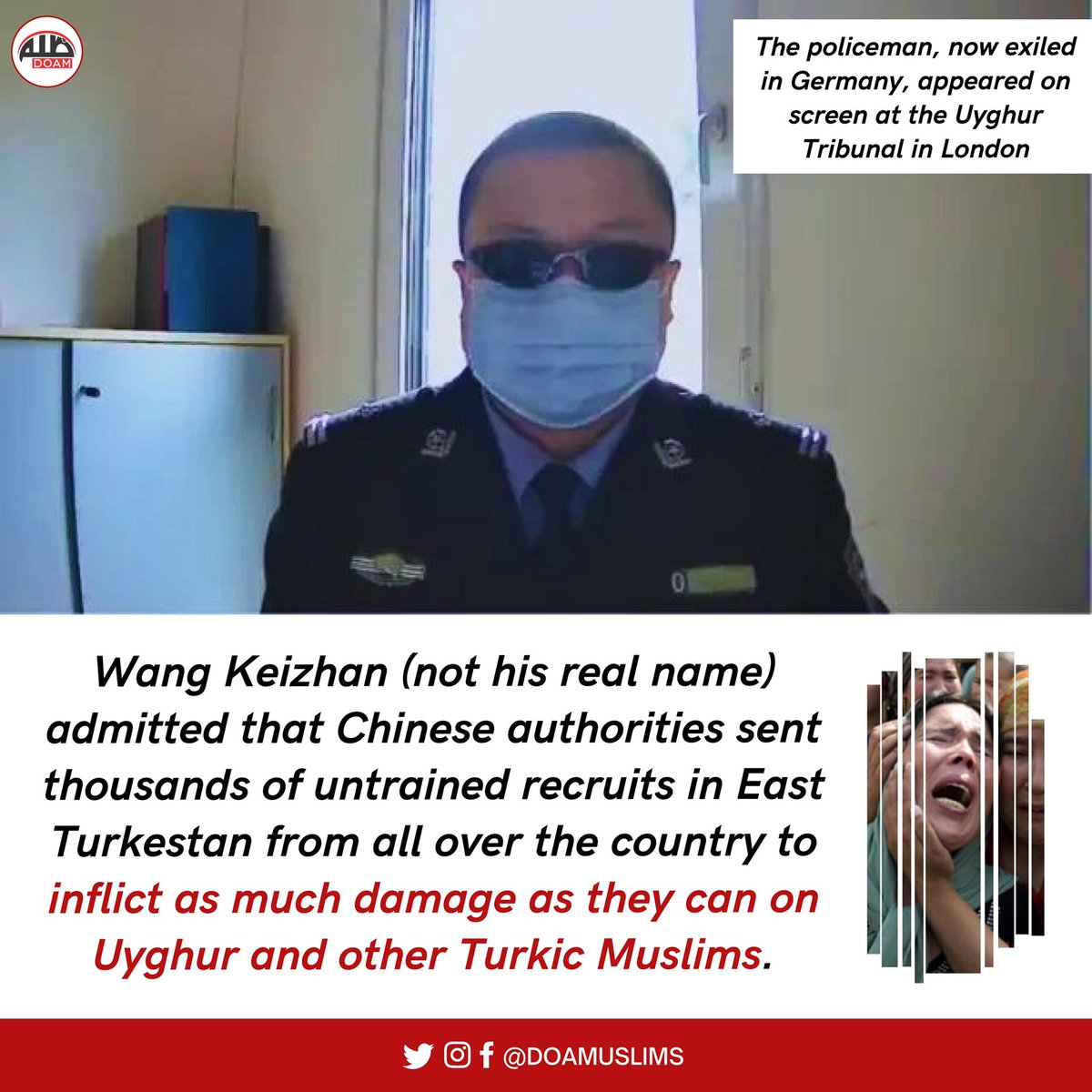 doamuslims's tweet photo. Confessions Of A Former Chinese Officer

"We were trained to torture Uyghurs"

Horrific and shocking testimony of a former Chinese officer at the #UyghurTribunal. 

#China #Uyghurs #UyghurGenocide https://t.co/XTBCeFZ9sI