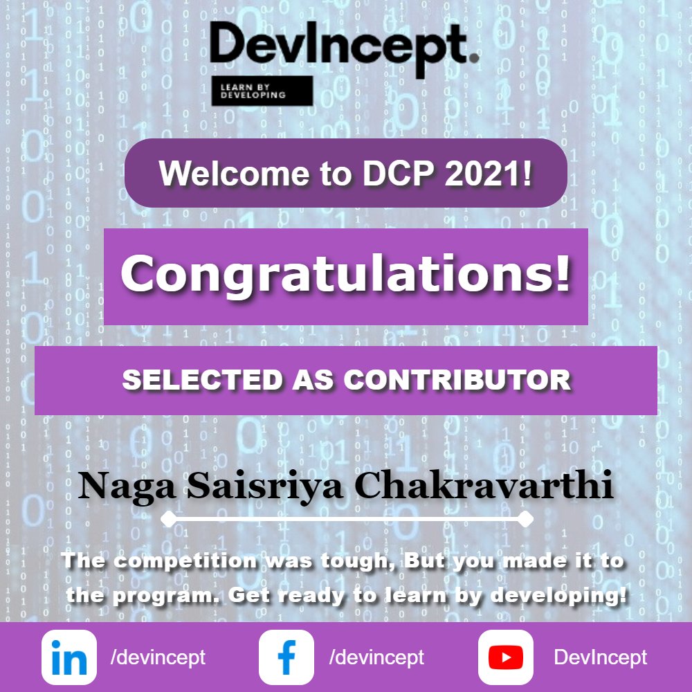 code_bts's tweet image. I&apos;m glad to share that I got selected as a Contributor for DevIncept&apos;s 30 Days Contribution program DCP 2021. #DevIncept, #DevInceptContributor #DevInceptCommunity #OpenSource