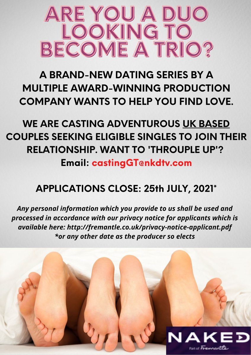 ***GET IN TOUCH***
Casting for new DATING TV SERIES. Looking for couples &amp; singles! This is a brand-new show for a MAJOR UK BROADCASTER - e: castinggt@nkdtv.com #polyamory #castme #seenonscreen #takepart #beontv #talent #castingcall #threesomes #throuple #poly #romance