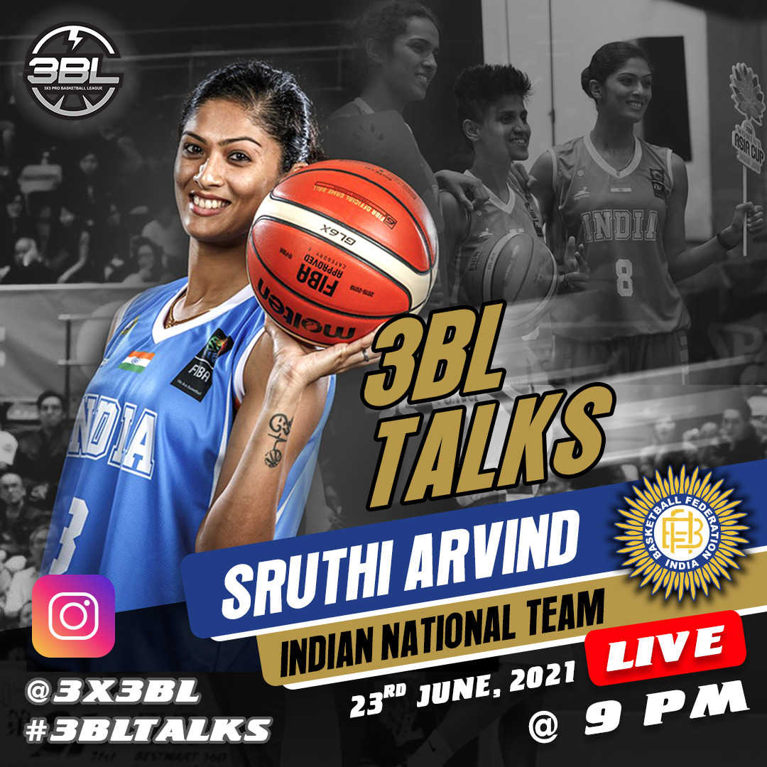 Up next on #3BLTalks is Sruthi Arvind (<a href="/sruthimenon05/">Sruthi Arvind</a>) who's represented the Indian Senior Women's Team (3x3 &amp; 5v5) over the years.

Catch Sruthi #IGLive 🔴 on 23rd June @ 9 PM on <a href="/3x3BL/">3BL</a> and get her views on life as a female baller in India and more!

#3x3 #3BLW #IndiaBasketball