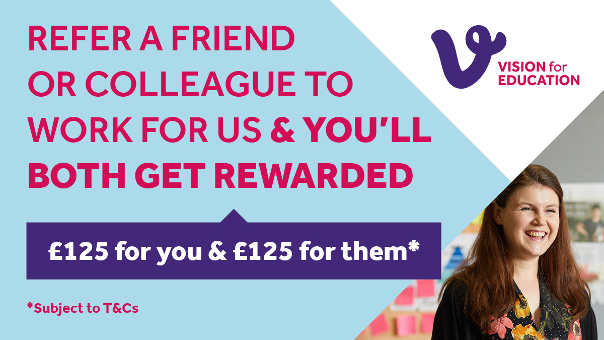 Vision for Education have lots of great jobs available for teachers, TAs, HLTAs, cover supervisors and other support staff across secondary schools. You will earn a reward for every person you refer once they have registered with us*
Find out more: lnkd.in/dQHWMh8