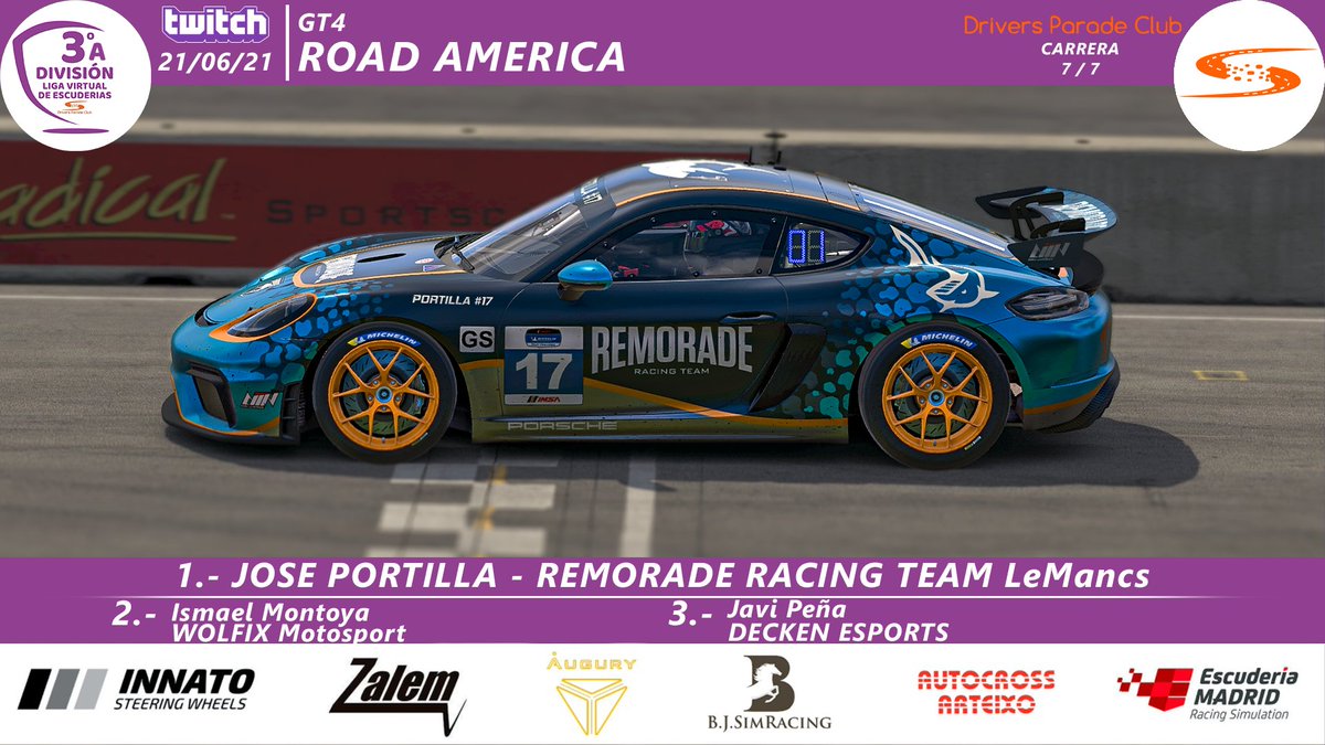 🏁LVE - 3ª DIVISIÓN A🏁

📍Road América
📆21/06/2021

Podium:

🥇JOSÉ PORTILLA <a href="/RemoradeT/">Remorade Racing Team</a>
🥈ISMAEL MONTOYA <a href="/WolfixSimracing/">Wolfix Racing eSports</a>
🥉JAVI PEÑA <a href="/DeckenEsports/">Decken eSports</a> 

¡ENHORABUENA A TODOS!