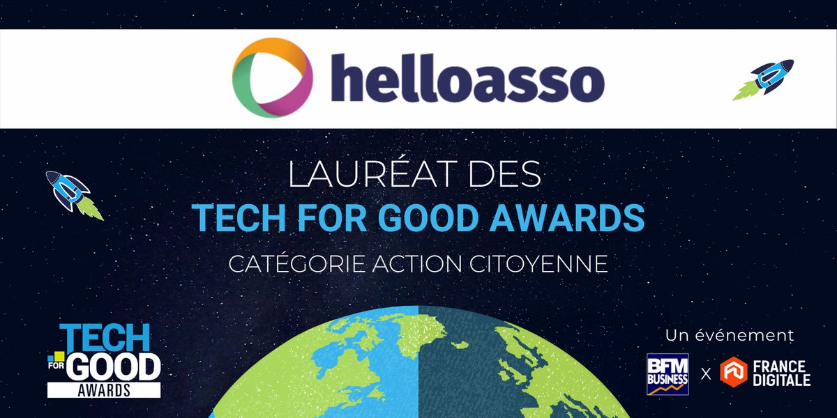🚀Lauréat de la catégorie #ActionCitoyenne 🚀

<a href="/helloasso/">HelloAsso</a> et sa solution de paiement alternative pour les associations, remporte les #TechForGoodAwards 2021 de l'Action Citoyenne !

Un grand bravo 👏