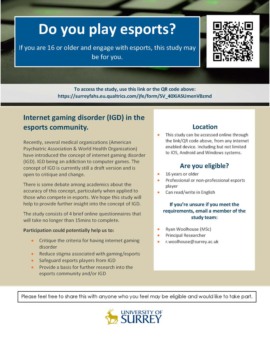 esportsstudy's tweet photo. CALLING ALL ESPORTS PLAYERS! Help us to determine how the concept of "gaming disorder" will impact the esports community with this 15min survey. https://t.co/7hgE2dahQY
#mentalhealth #eSports #RetweeetPlease https://t.co/GZnVMXrEbL