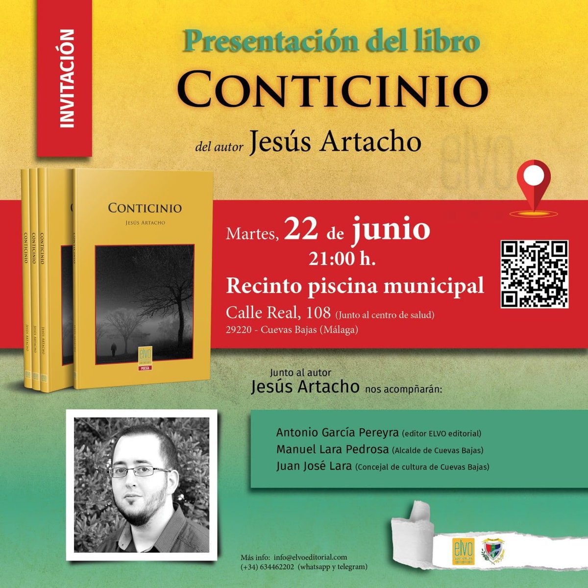 📕 La piscina municipal acogerá esta tarde, a las nueve, la presentación del libro ‘Conticinio’, de Jesús Artacho, como parte de la programación de la Semana Cultural San Juan 2021, de Cuevas Bajas.

#CuevasBajas
