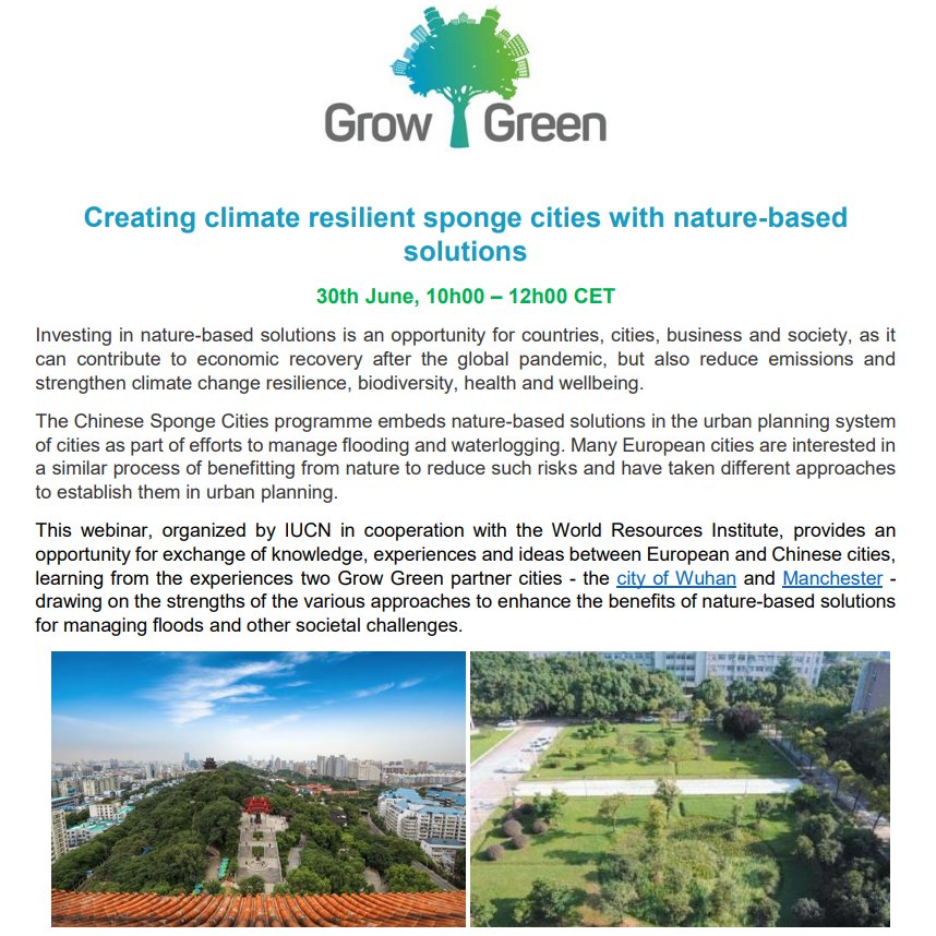 GrowGreen on Twitter: "Join the on June 30th on creating climate resilience #spongecities with #naturebasedsolutions! You will hear experiences of European and Chinese in using #naturebasedsolutions to manage #floods