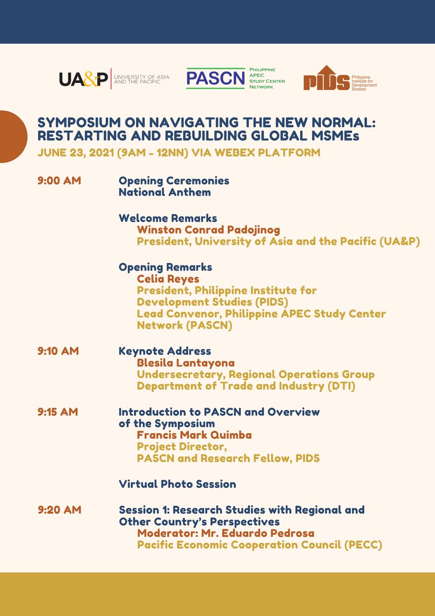 uapbea's tweet photo. Just one more day till the Annual PASCN Symposium and General Assembly! 

Check out the program flow below to see the several topics led by worldwide industry leaders. 

Don’t miss your chance to learn more about Navigating the New Normal: Restarting and Rebuilding Global MSMEs. https://t.co/OkBVH9S0qg