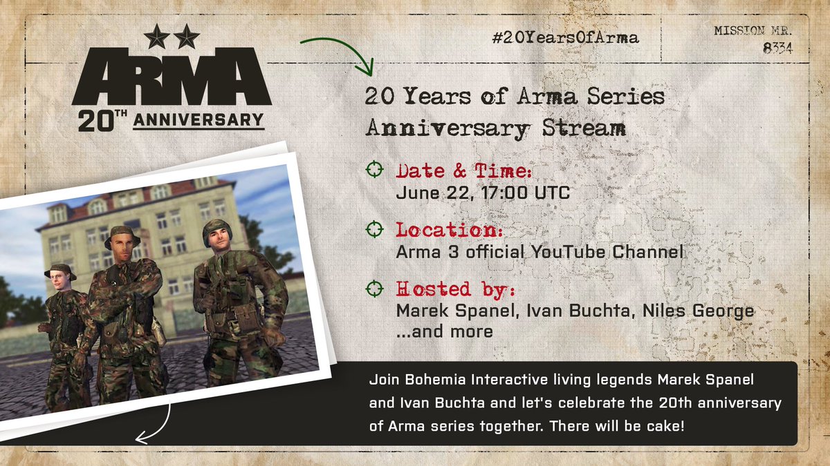 Don't forget! ⚠️

Join us as we celebrate #20YearsofArma! 🎉
We're streaming live TODAY at 1700 UTC on...

YouTube: bit.ly/35FFKvS
Twitch: bit.ly/3zN1CmH