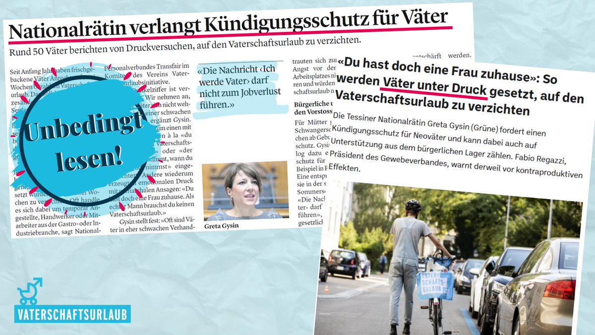 Zu viele Arbeitgeber setzen Väter unter Druck, auf den #Vaterschaftsurlaub zu verzichten. Deshalb braucht es einen #Kündigungsschutz. Mehr dazu im Artikel mit @gretagysin in der <a href="/AargauerZeitung/">AargauerZeitung</a>. 👇
bit.ly/3gK6rWr