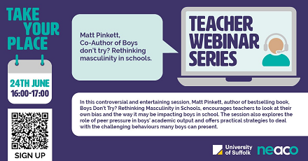 2 days to go! #teacher #CPD Webinar Series session 3 - Rethinking Masculinity in Schools with Matt Pinkett

Register today - tinyurl.com/2m7yb6yd

 #TakeYourPlaceHE <a href="/TakeYourPlaceHE/">Take Your Place</a> #TEACHers
