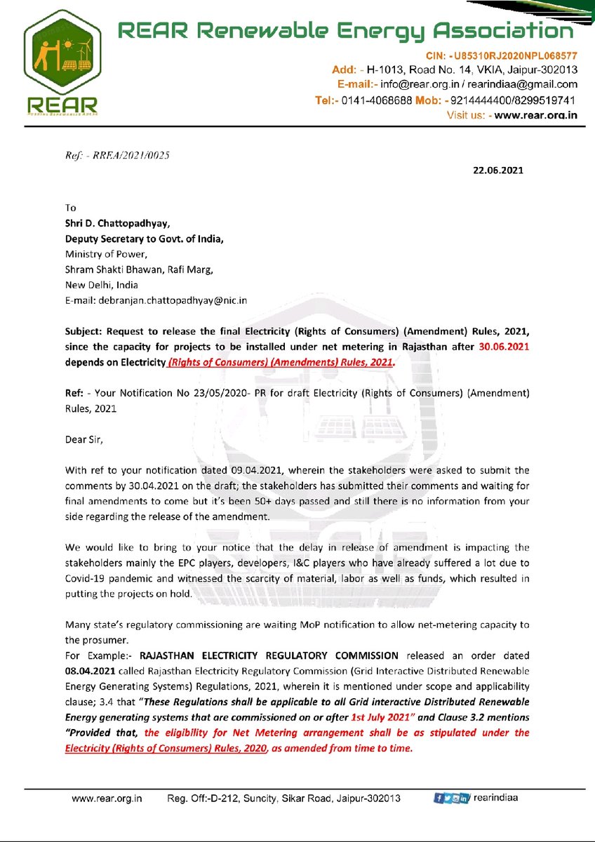 rearindiaa's tweet photo. REAR requests Ministry of Power (MoP) to release the Electricity (Rights of Consumers) (Amendment) Rules, 2021, because after 30.06.2021, the capacity for projects to be installed under net metering in Rajasthan depends on Electricity (Rights of Consumers) ( Amendments) Rules https://t.co/7k8YPu7tJY