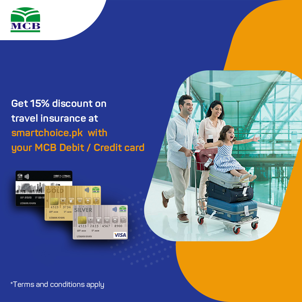 Smartchoice &amp; MCB Bank laya Aik behtareen Offer!
At Smartchoice.pk, MCB Debit/Credit Cardholders can now get a 15% discount on Travel Insurance plans.
For more information visit, smartchoice.pk/insurance/trav… or call 111-212-212 for more details.

#smartchoice #travelinsurance