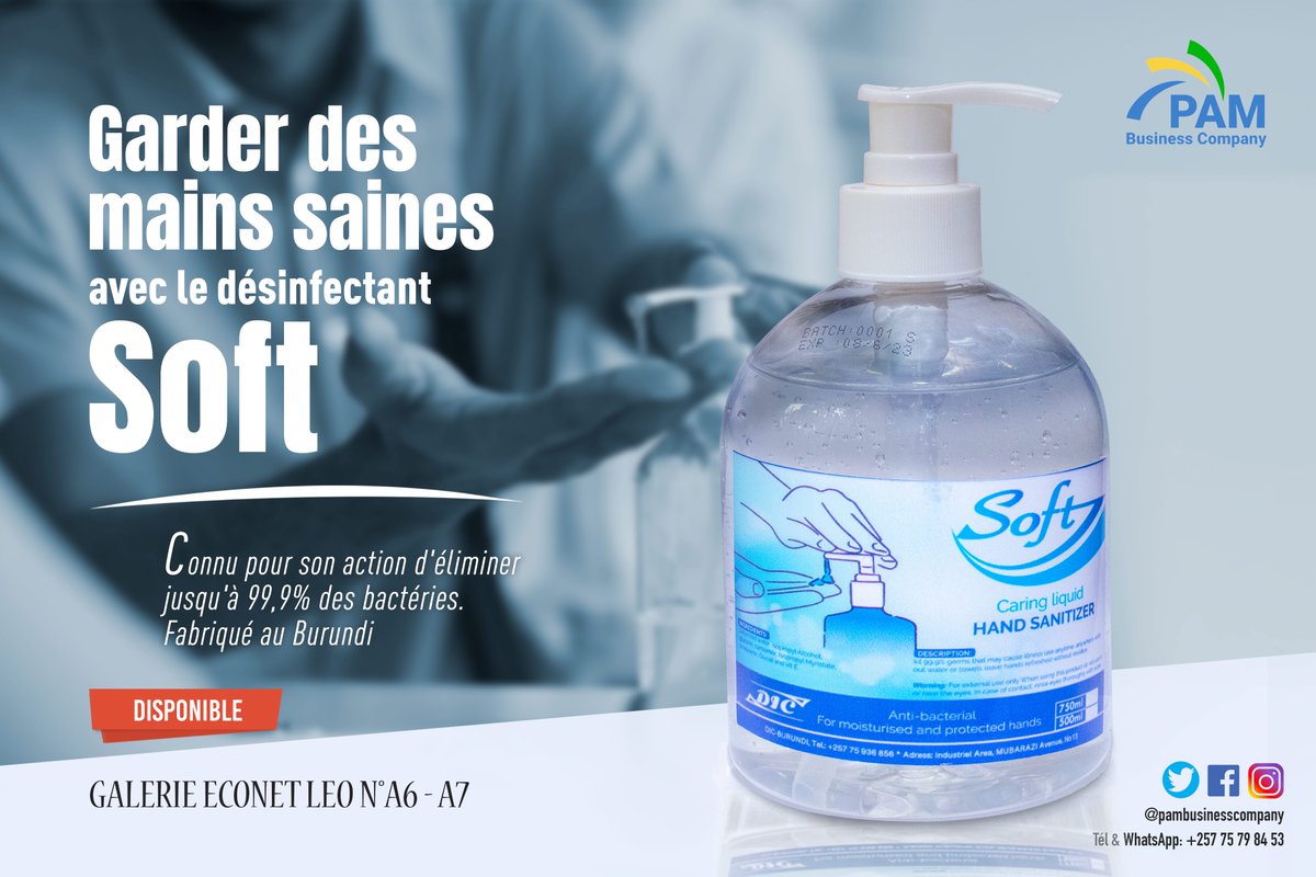 PamBusiness's tweet photo. Let's all figth against #COVID19 with Soft the best hand sanitizer. 
WhatsApp and Calls: +257 75 79 84 53 https://t.co/5DSvPfQf8T