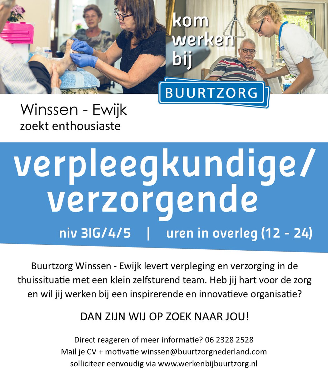 buurtzorg's tweet photo. #Buurtzorg #WinssenEwijk is op zoek naar #verpleegkundige / #verzorgende #vastekracht / #oproepkrachten / #student Heb jij #hartvoordezorg? KOM WERKEN BIJ BUURTZORG solliciteer eenvoudig via https://t.co/CJf7nxm7XJ https://t.co/2t4obu1HJ9
