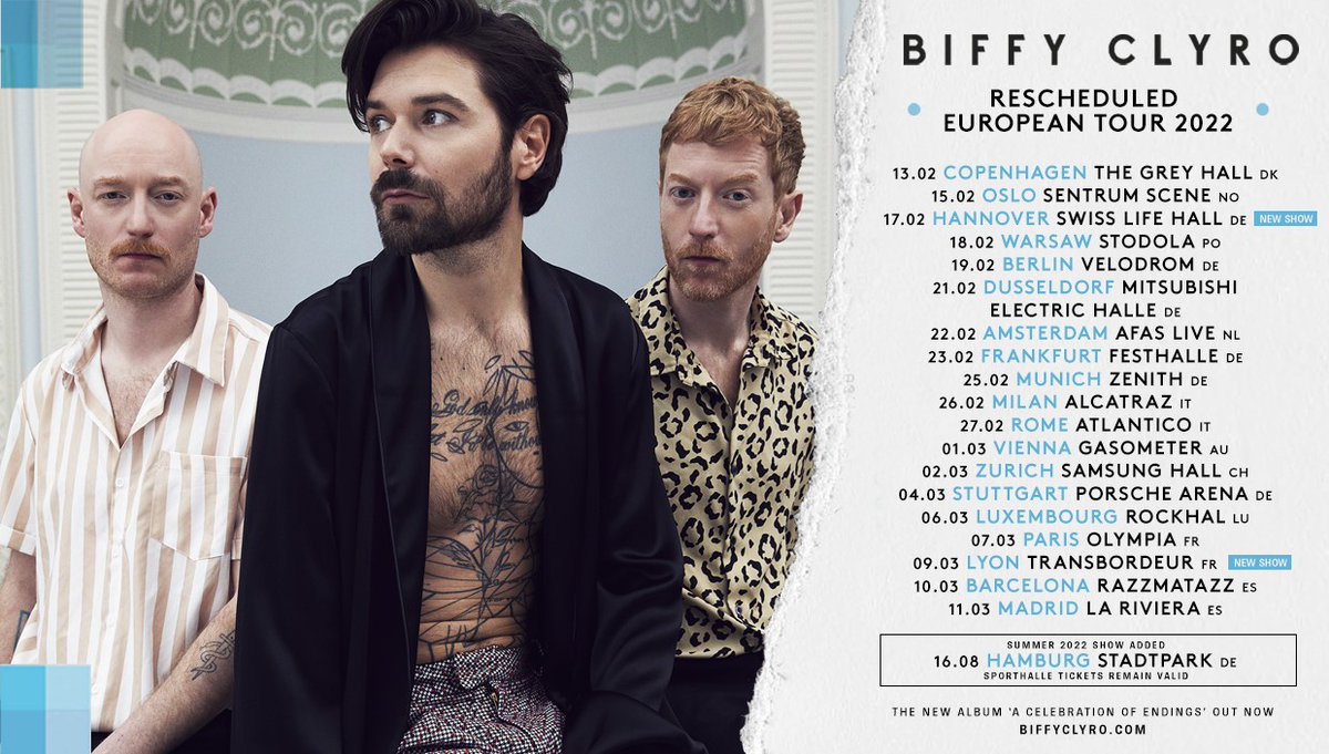 BiffyClyro's tweet photo. With the ongoing uncertainty around travel, we've decided to postpone our European tour to Feb/Mar 2022. We can’t wait to see you all as soon as it's safe &amp; we’re excited to add new Hannover &amp; Lyon shows + an Aug '22 show at Hamburg Stadtpark. Get tickets: https://t.co/0iEAHX2wnQ https://t.co/7gLr1SjFpX