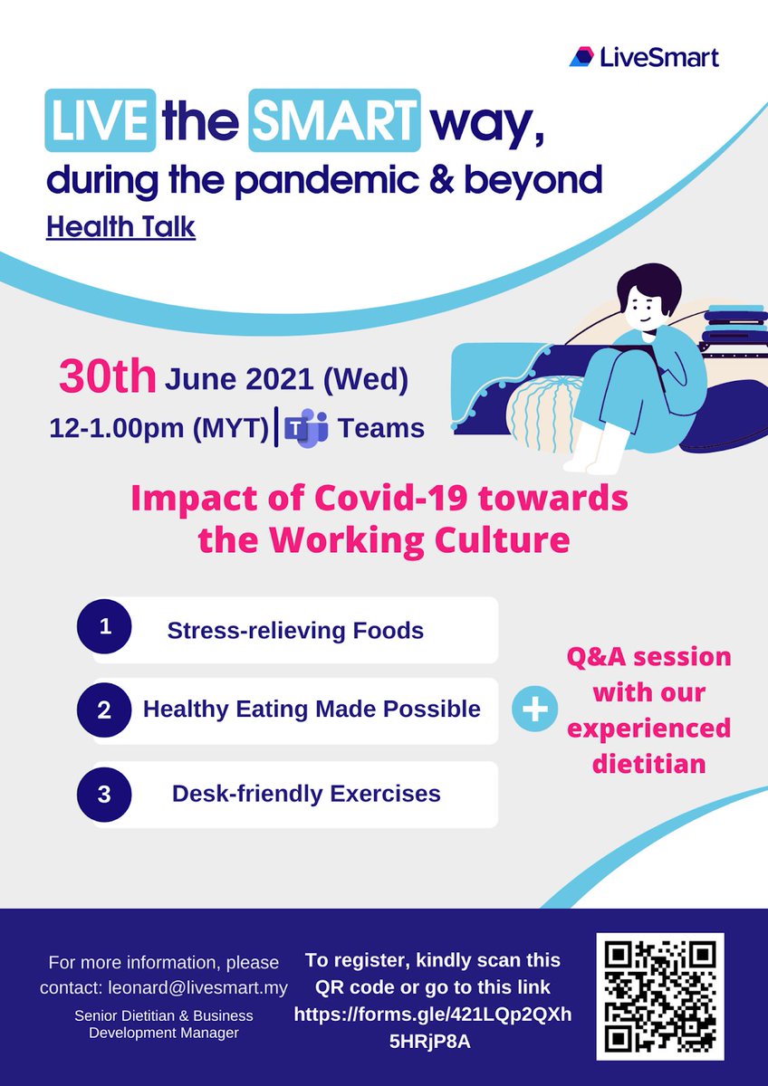 Join LiveSmart Malaysia &amp; our team of dieticians 30/06/21 @ 12pm (MYT) as they share some interesting insights regarding the Impact of Covid-19 towards the working culture.
Limited slots available! hubs.ly/H0QLmKy0

#Lockdown #MCO #HR #EmployeeWellbeing #Health&amp;Wellbeing