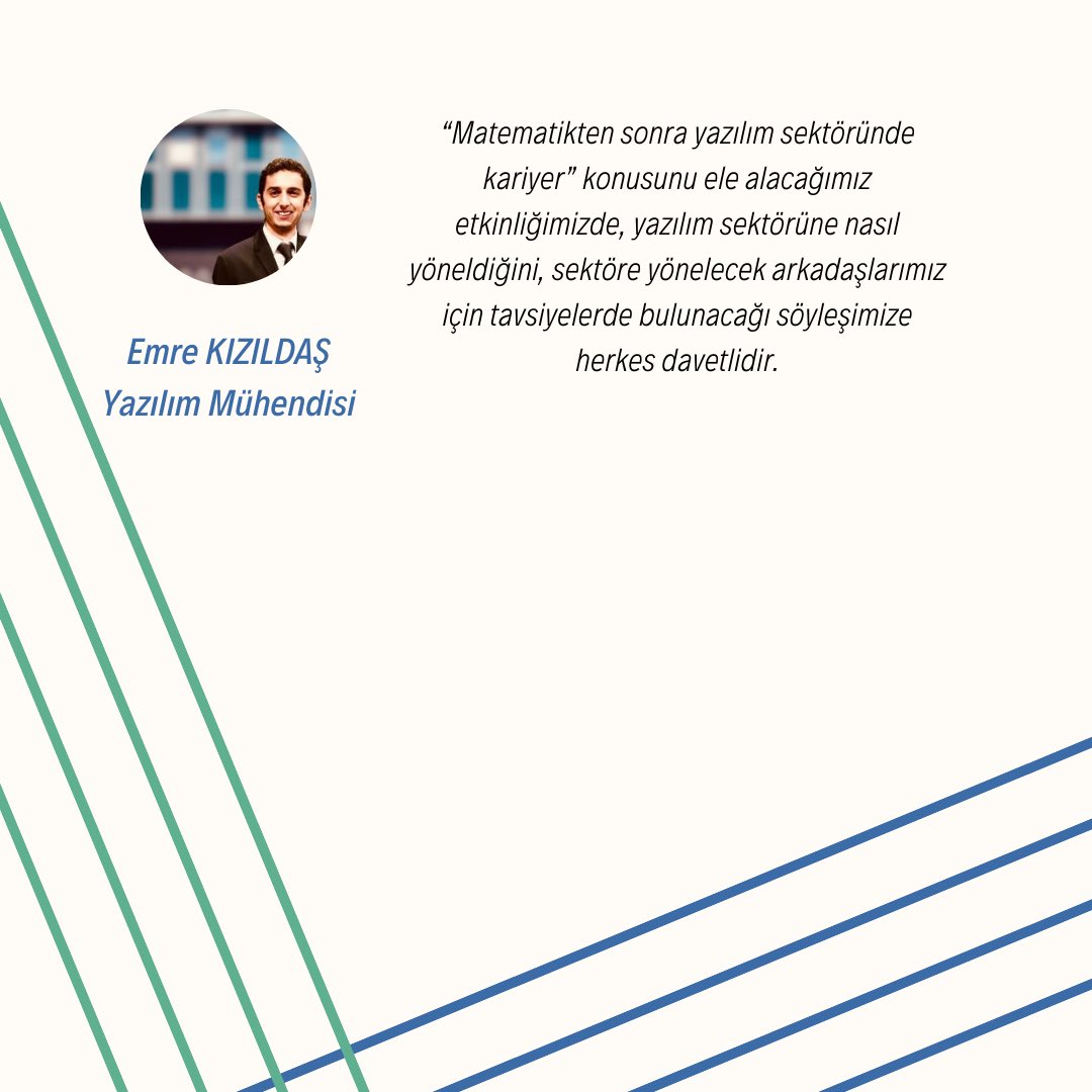 aumathcom's tweet photo. Matematik bölümünden mezun oldum, peki ya sonra?
Üniversite hayatında matematik bölümünü tercih ettikten sonra farklı alanlara yönelmiş insanları bir araya topladığımız etkinliğimizin konuşmacılarını duyurmaktan sevinç duyuyoruz.
#kariyergünleri #mathcom #ankaraüniversitesi https://t.co/y6bAxCPV1g