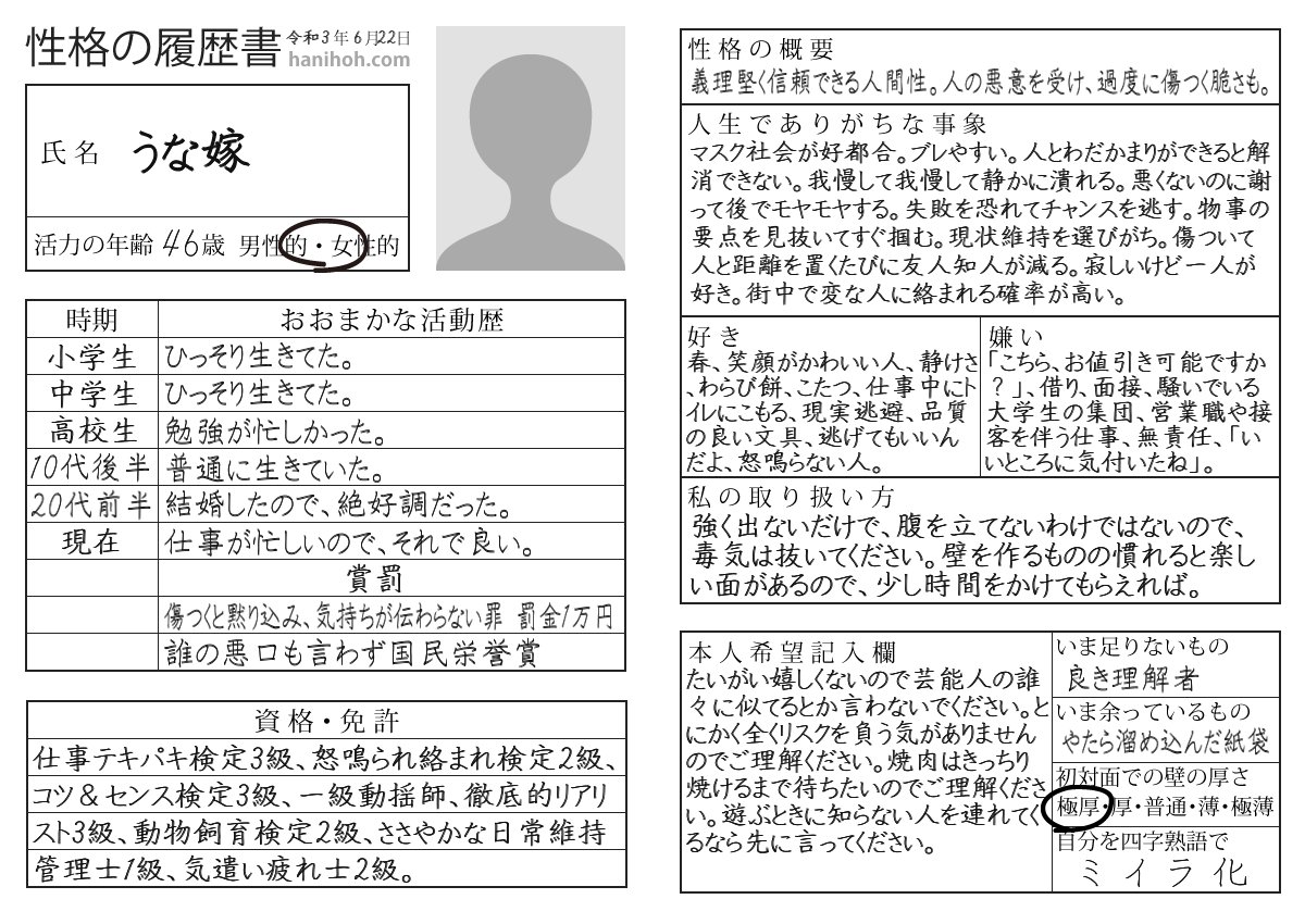 うなこ嫁 嫌い 接客を伴う仕事 当たってる O 現在の仕事接客業 性格の履歴書