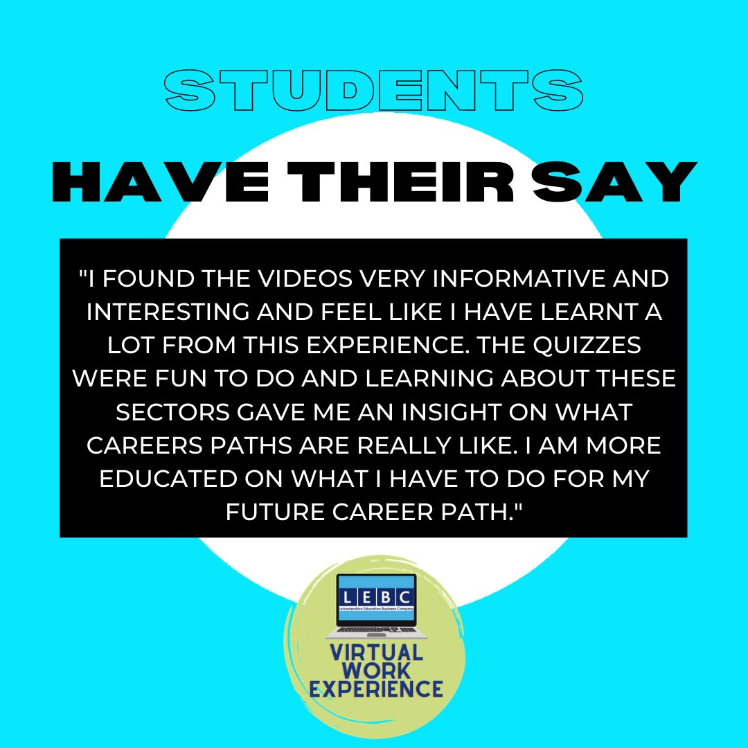 LeicesterEBC's tweet photo. We are loving the feedback we are getting from the students who have completed our new Virtual Work Experience programme!
If you are wanting to know about the programme, drop us an email:
📧virtualwex@leics-ebc.org.uk
#virtual #virtualworkexperience #virtualwex #localemployers https://t.co/RYj1GqsUZ0