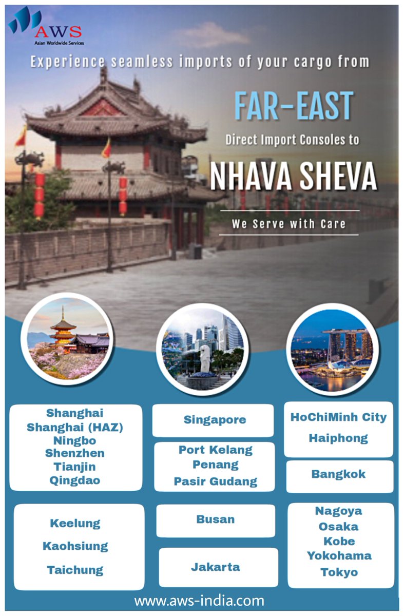 Experience Seamless import services from Far-East to #NhavaSheva  with overseas presence and strong network managed by team of experienced professionals handling #LCL cargoes with expertise.

#awsindia #consolidation #FCL #exports #imports #shipping #FarEast #WeServeWithCare