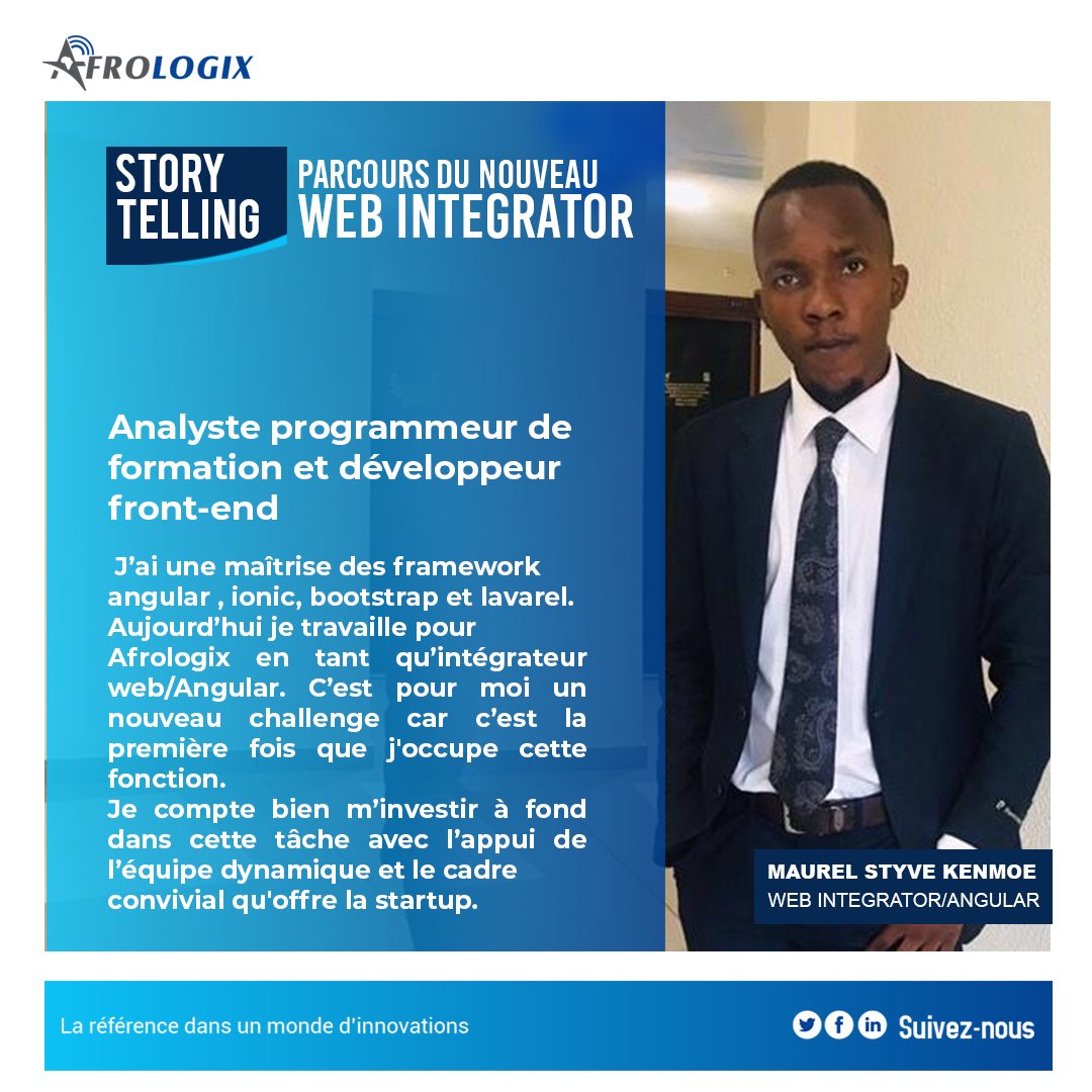 AfrologixCmr's tweet image. 🚨@Afrologix a le plaisir d&apos;accueillir un nouveau membre dans sa team! 

Meet Maurel, our New web integrator/Angular.👏👏👏🎼

 𝗪𝗲𝗹𝗰𝗼𝗺𝗲 𝗠𝗮𝘂𝗿𝗲𝗹 !

#teamwork  #webintegrator #softwaredevelopment  #softwarecompany #newgoals