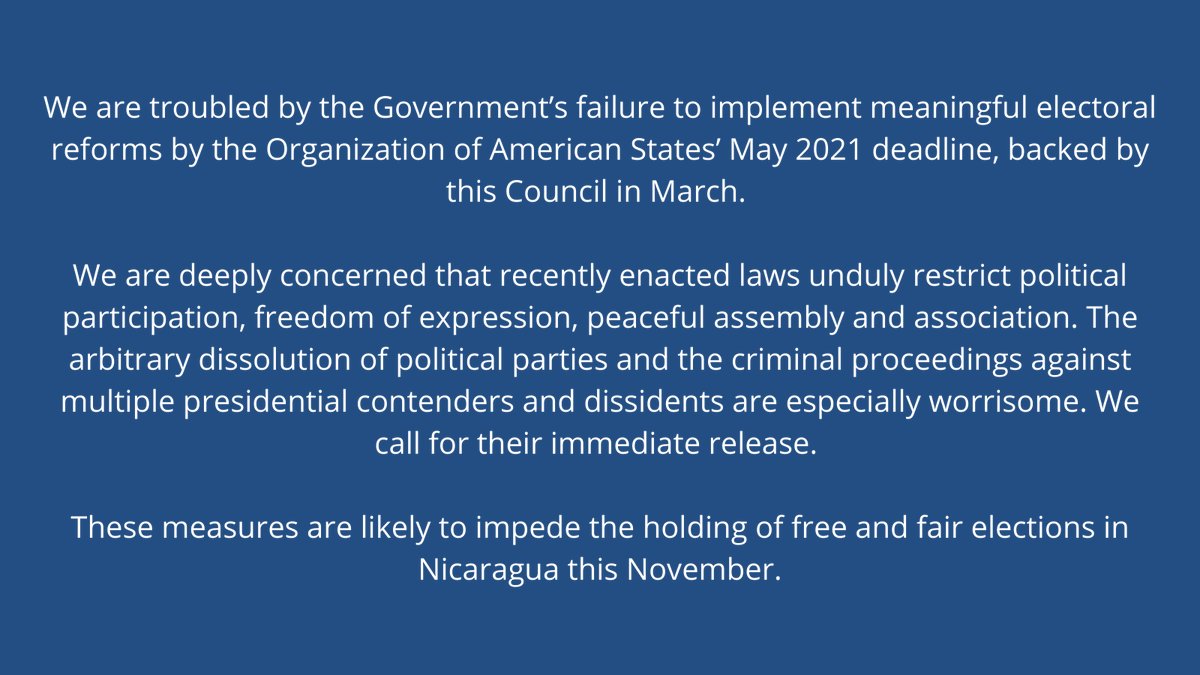 CanadaGeneva's tweet photo. Canada joins 59 countries at the @UN_HRC in raising concerns over undue restrictions on political participation, freedom of expression, peaceful assembly + association in #Nicaragua. Nicaraguans deserve free &amp; fair elections. #StandUp4HumanRights
🔍Read the full statement below: https://t.co/3eXLloXoSA