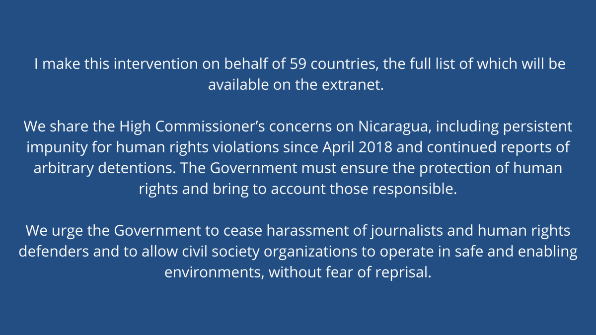CanadaGeneva's tweet photo. Canada joins 59 countries at the @UN_HRC in raising concerns over undue restrictions on political participation, freedom of expression, peaceful assembly + association in #Nicaragua. Nicaraguans deserve free &amp; fair elections. #StandUp4HumanRights
🔍Read the full statement below: https://t.co/3eXLloXoSA