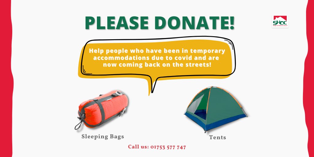 If you have any tents or sleeping bags you are not using anymore, they'd be of great help to our guests at SHOC. Your donations will make a difference!

Call us: 01753 577 747
Email: info@weareshoc.org.uk

#donations #homelesslivesmatter #charitywork #helphomeless #uxbridge