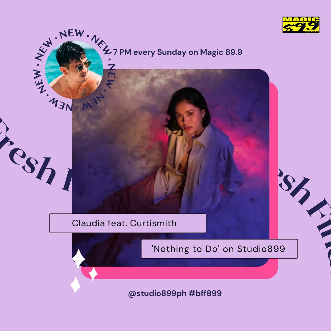 studio899ph's tweet photo. ‘Nothing to Do’? Same.
We’re really liking this new Claudia x Curtismith track, though! Another addition to our Best Fresh Finds.✨

Tune in to #studio899ph every Sunday at 7 PM to catch the latest on the local music scene, only on @magic899 ✨ #bff899 https://t.co/1JbpGQeqvj