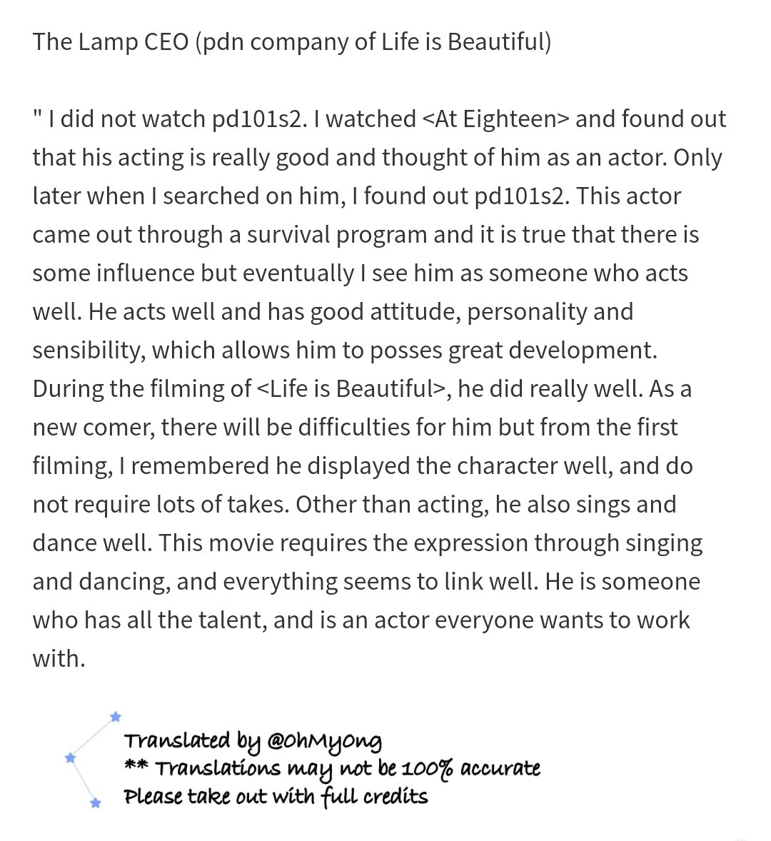 0hMy0ng's tweet photo. Who: Ong Seongwu

" Chungmuro's rich with next project actor" 

The Lamp CEO: He is someone who has all the talent, and is an actor everyone wants to work with.
(Full trans in image) 

#옹성우 #OngSeongwu https://t.co/pbWh9532Ze