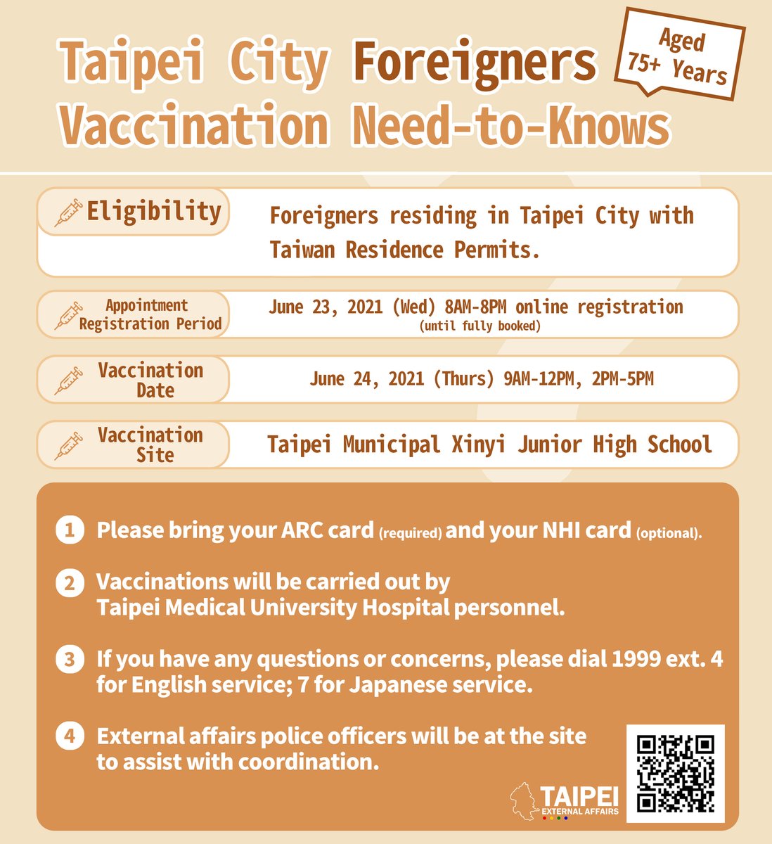 TaipeiCity's tweet photo. Taipei City foreigners aged 75+ years with ARC look here! 

Vaccination registration will be open 6/23 8AM-8PM. Vaccinations will be carried out on 6/24 - bring your ARC card and NHI card to your appointment!

Register by the link or OR code:
https://t.co/5xldg18ERN https://t.co/pd1S91h4tG