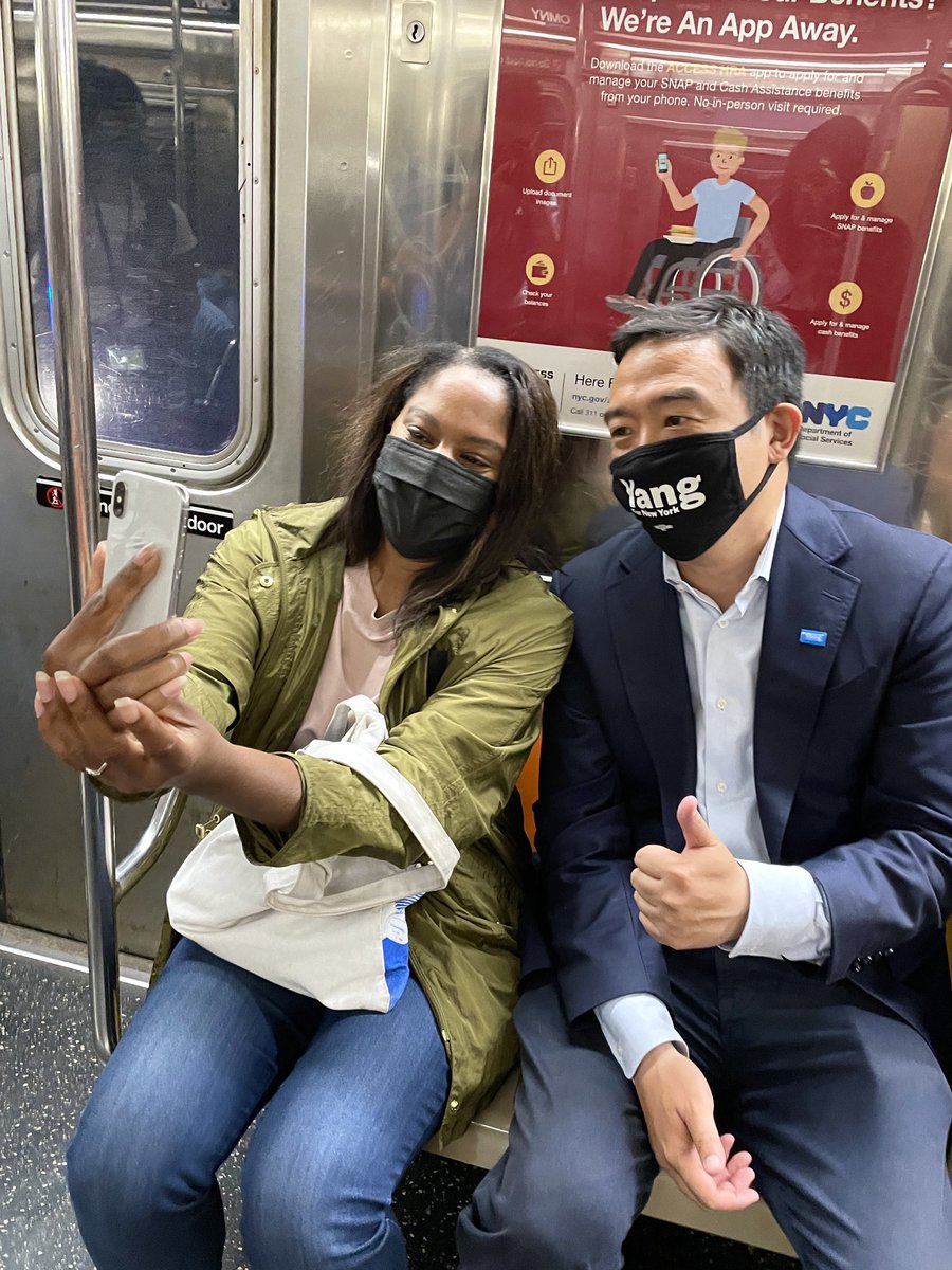 AndrewYang's tweet photo. Meeting voters on the 1 train! https://t.co/Usm39IQOkP