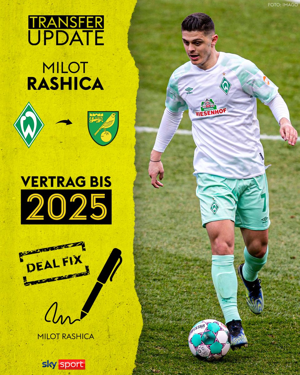 SkySportDE's tweet photo. Offiziell! Milot Rashica wechselt in die Premier League⚽✅
Der 24-Jährige verlässt Werder Bremen und schließt sich dem Aufsteiger Norwich City an.
#SkySport #TuUpdate #Rashica #Bremen https://t.co/vNGSM6zzhP