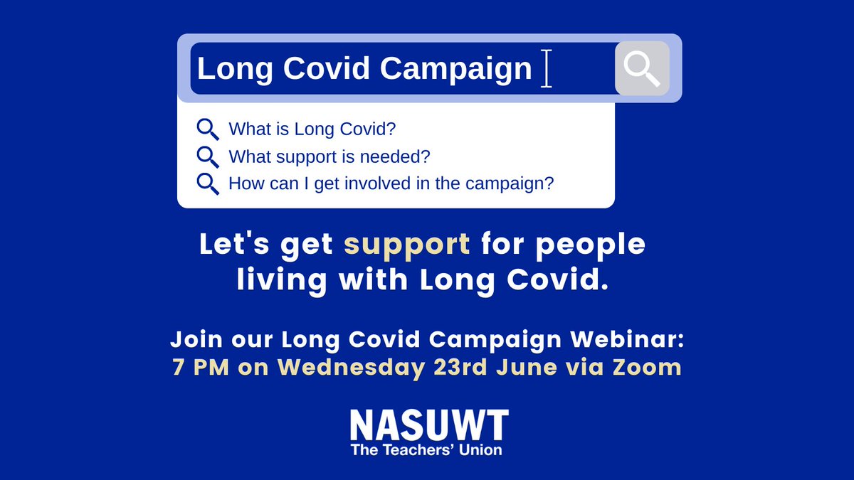 NASUWT's tweet photo. Rates of #LongCovid among teachers are second only to NHS workers.

But current laws fail to recognise the condition as a disability &amp; fail to protect workers.

Let's get Long Covid recognised as a disability. Join our campaign webinar tomorrow at 7pm: https://t.co/jEpOwo56n8 https://t.co/mFNAXpiVpj