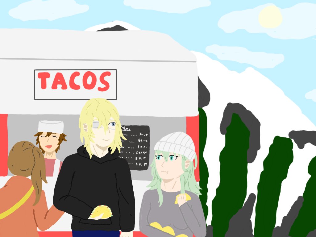 morganoire's tweet photo. #dimilethweek2021 prompt 2: Modern AU!

Dimitri and Byleth in modern times! They are at a taco stand in the mountains because why not. I’m not really that great at drawing backgrounds but hopefully the rest of the piece makes up for it!

@Dimilethweek
#Dimileth #DimilethWeek https://t.co/33YQt3JMvk
