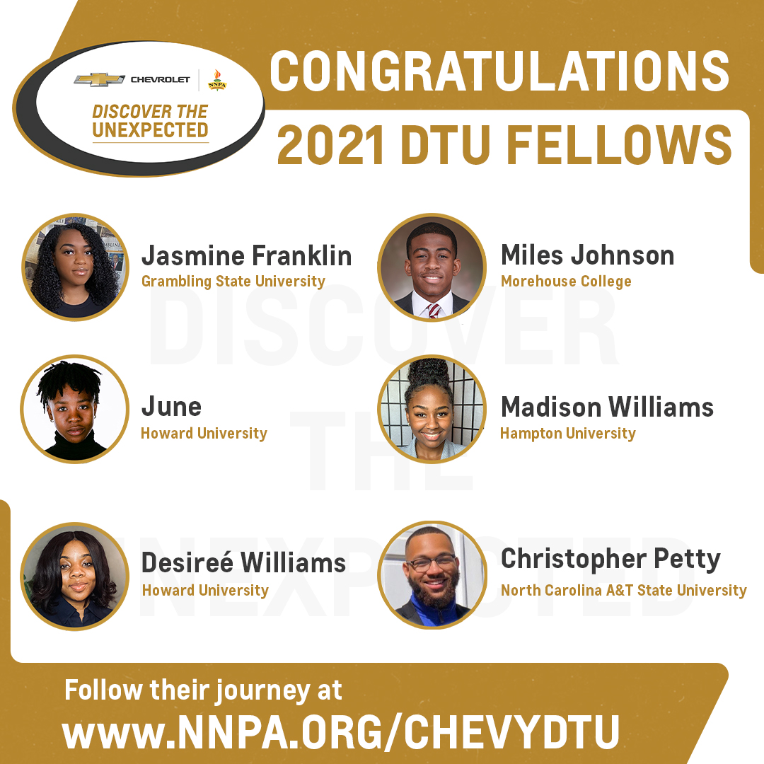 Meet our 2021 amazing DTU Fellows: @jazzxnicoleMadison @madisonosquare @RealTalkWithMJ1 @justchris910 @ayejune — We are so excited to have these brilliant content creators to help us redefine journalism and bring forth authentic voices for Chevrolet NNPA! #DTU2021